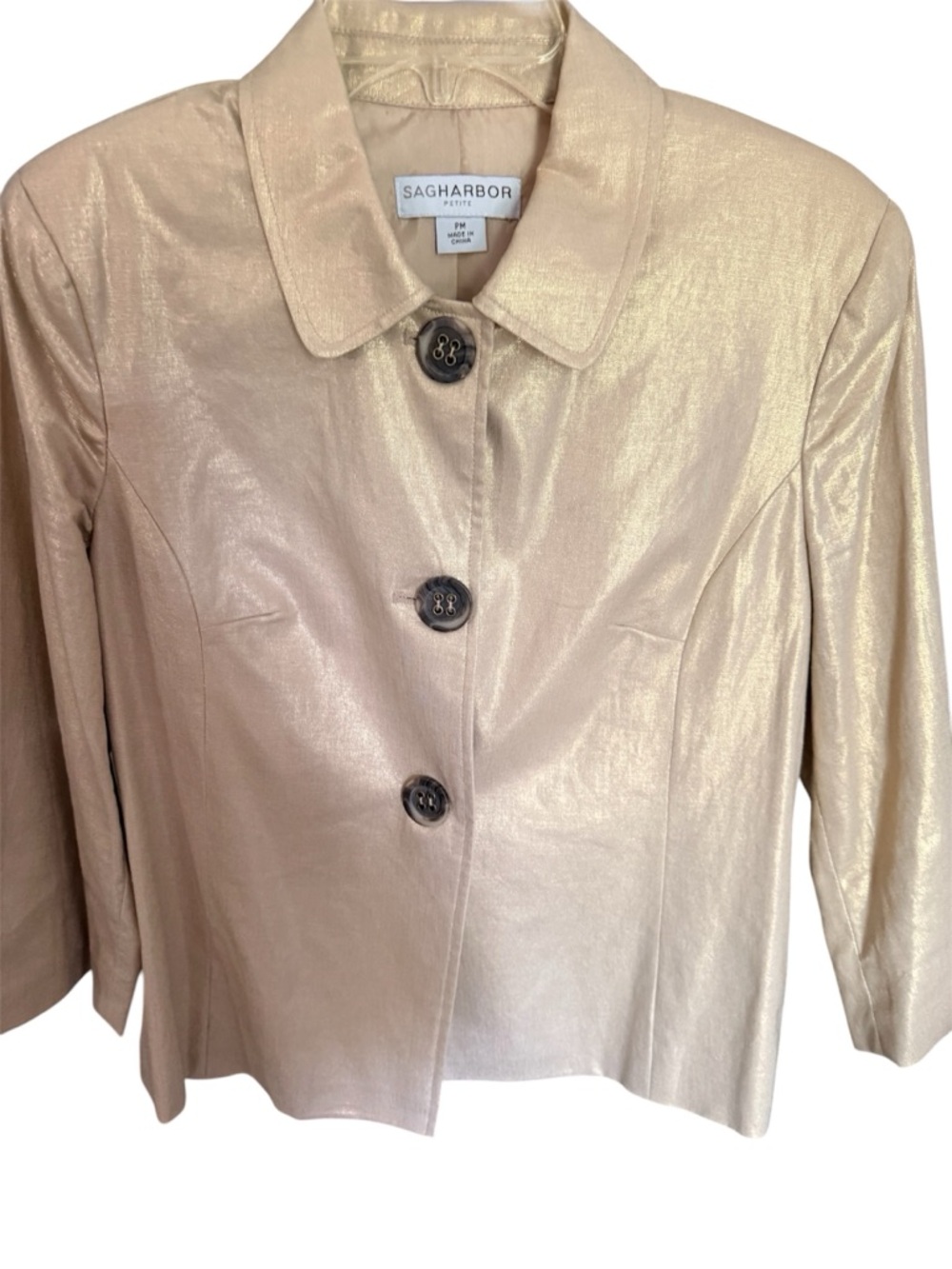 Sag Harbor Metallic Gold Linen Women's Button-Front Jacket Sz.PM NWOT